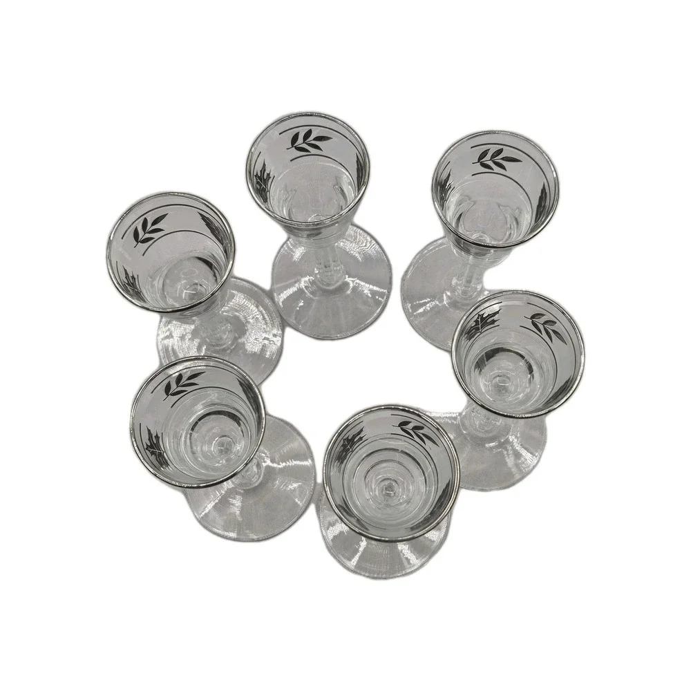 Set of 6 Clear Cordial Shot Glasses Silver Leaf Etched‎ Design